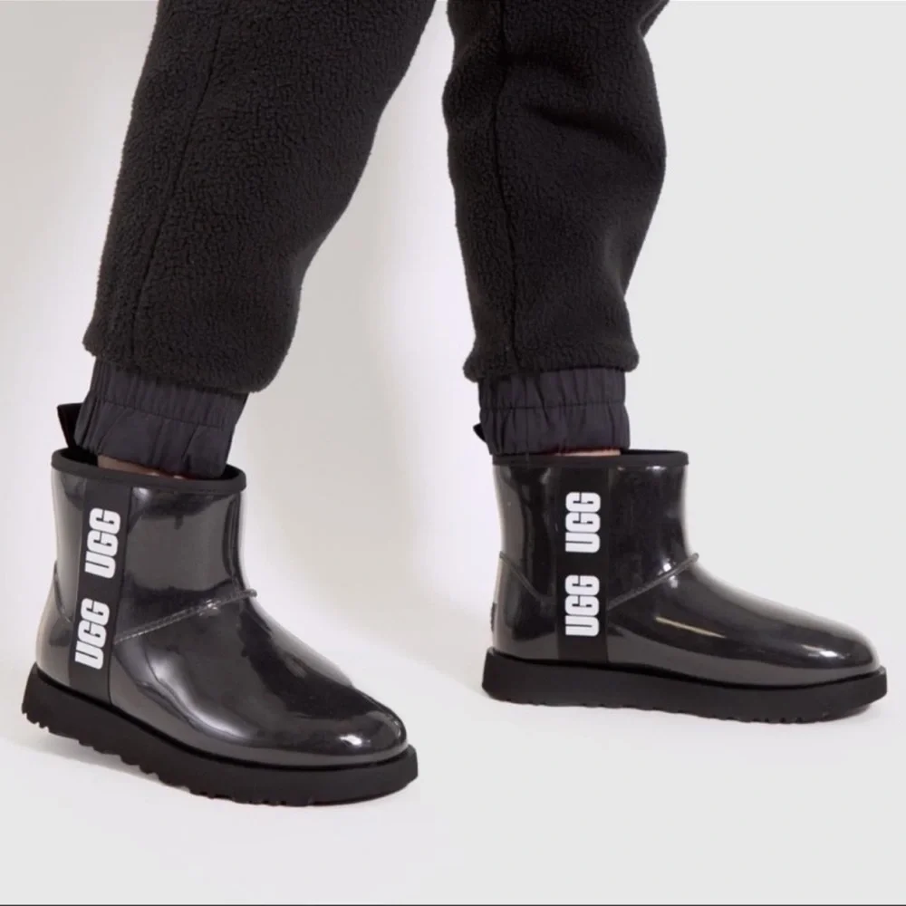 UGG Kids Black Gloss Rain Boots with White Logo